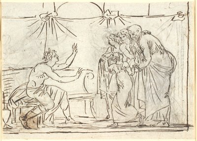 Antik scene. En siddende kronet helt taler til en gruppe af fire figurer, heriblandt en mindre pige og en gammel mand af Nicolai Abildgaard