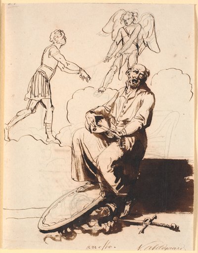Ariosto, siddende med en lut, ved hans fødder våben, i baggrunden drager Amor en mand efter sig af Nicolai Abildgaard
