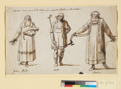 Dragtstudier. Formentlig til teatret. Tre figurer, en Hertas præst, en drot og en barde af Nicolai Abildgaard