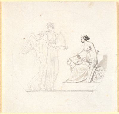 En ung kvinde med en bikube fører en vinget ung mand hen mod en siddende kvindefigur af Nicolai Abildgaard