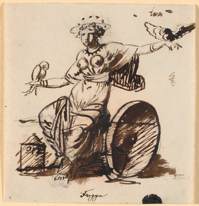 Frigga, siddende, med en høg på hver af sine hænder af Nicolai Abildgaard