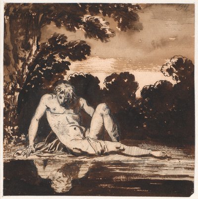 Hyachinthos, Apollons yngling, Narcissus, hvilende ved bækken af Nicolai Abildgaard