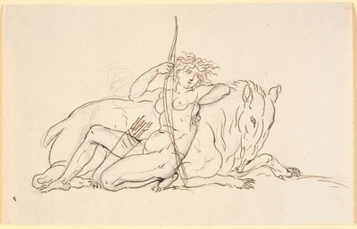 Kvindefigur med pile og kogger, siddende lænet mod et fantasi dyr (muligvis en myresluger). Allegori på Amerika af Nicolai Abildgaard