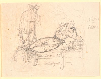Lesbia og Catullus. Lesbia ligger, holdende en fugl på venstre hånd. Catullus står bagved af Nicolai Abildgaard
