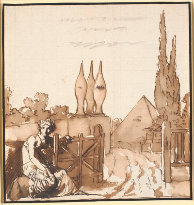 Målet for livsløbet. Allegorisk tegning. En kvinde åbner leddet til en kirkegård med metæ og pyramide af Nicolai Abildgaard