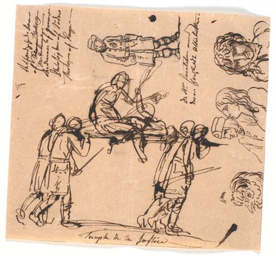 Retfærdighedens triumf. Fire væbnede mænd bærer en båre, med en udstrakt og en siddende figur af Nicolai Abildgaard