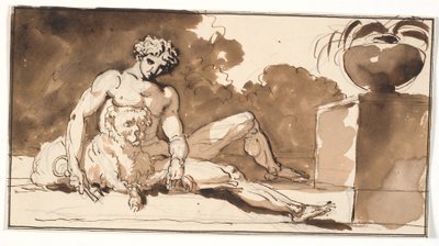 Siddende nøgen mand med en nøgle i hånden, en puddel og t.h. en agave af Nicolai Abildgaard