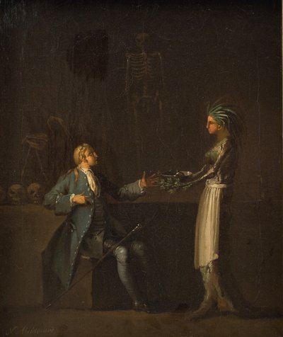 Lægens kone afslører sin mands hensigt om at anatomisere Niels Klim af Nicolai Abildgaard