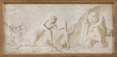 Thetis nedsænker sin spæde søn Achilles i floden Styx for at gøre ham usårlig af Nicolai Abildgaard