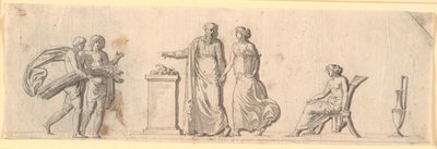 Udkast til dekoration af et felt, formodentlig en malet træplade på et møbel. Antikke figurer med blomsterkurve og neg ved et alter af Nicolai Abildgaard