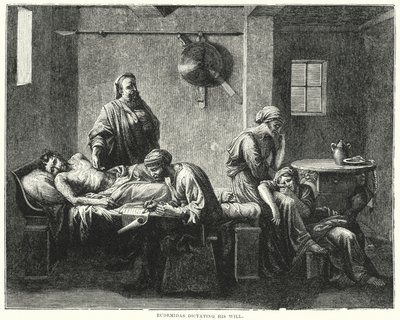 Eudemidas dikterer sit testamente (gravering) af Nicolas (after) Poussin