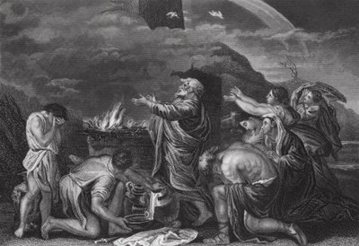 Noahs offer, 1. Mosebog, kap. 8, v. 20 (gravering) af Nicolas (after) Poussin