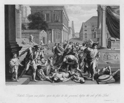 The Fall of Dagon, I Samuel V, 4 (gravering) af Nicolas (after) Poussin