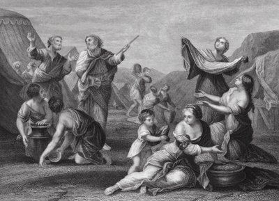 Mannaens fald, 2. Mosebog, kapitel 16, vers 14, 24 (gravering) af Nicolas (after) Poussin