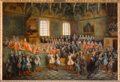 Rettens session (Lit de Justice), afholdt i Parlamentet den 22. februar 1723 ... af Nicolas (attr. to) Lancret