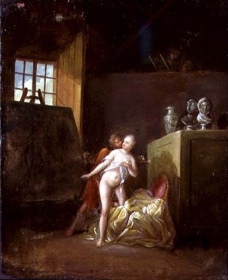 En kunstner og hans model i et atelier af Nicolas (attr. to) Levreince