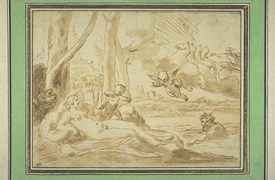 Jupiter and Antiope (pen og brunt blæk, brun vask, spor af sort sten) af Nicolas (attr.to) Poussin
