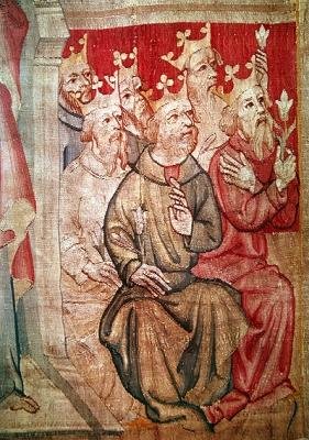 Detalje af Kristus troner sammen med de apokalyptiske dyr og de fireogtyve ældste, nr. 4 fra Apokalypse fra Angers, 1373-87 (detalje af 83991) af Nicolas Bataille
