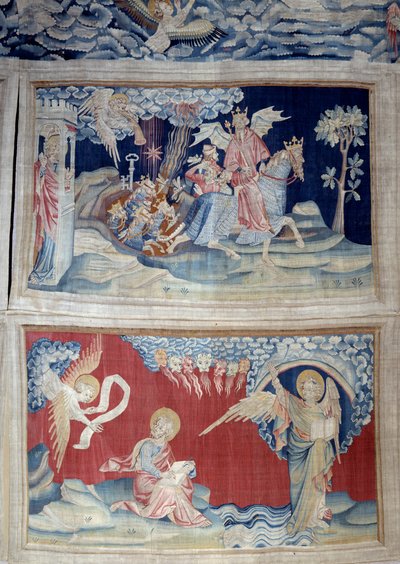 Ophængning af åbenbaring (1373-1383), n. 24: den femte trompet: en nøgle slipper græshopperne. Nedenfor, n. 27, viser englen i bogen sig for Johannes, som transskriberer det guddommelige budskab til lyden af de syv tonere. Tapestry af Nicolas Bataille (133 af Nicolas Bataille