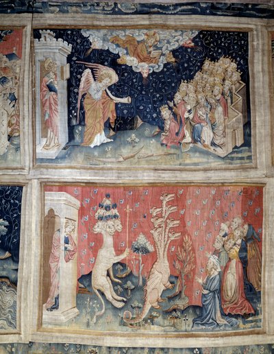 Ophængning af åbenbaring (1373-1383), n. 24: den syvende trompet. N. 39: Tilbedelse af Dragen. Tapestry af Nicolas Bataille (1330-1405) af Nicolas Bataille