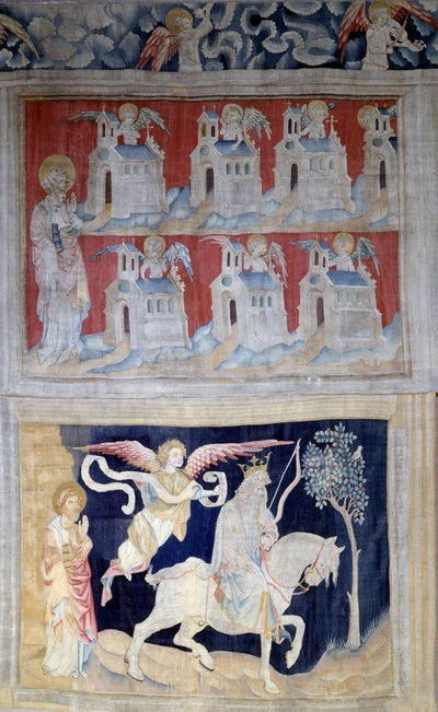 Ophængning af åbenbaring (1373-1383), n. 28: Sankt Johannes a Patmos og de syv kirker i Asien og derunder. Første segl: Vinderen med den hvide hest. Tapestry af Nicolas Bataille (1330-1405) af Nicolas Bataille