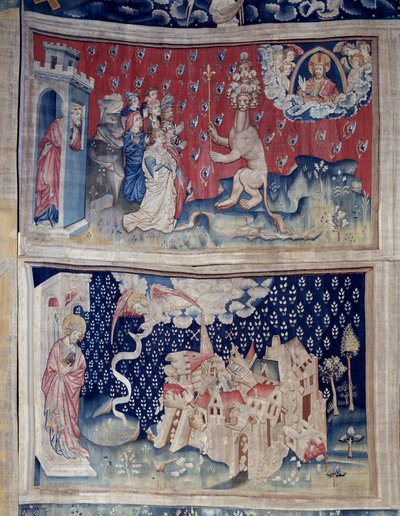 Ophængning af åbenbaring (1373-1383), n. 42: Tilbedelse af Beten (?). N. 49: Babylons fald. Tapestry af Nicolas Bataille (1330-1405) af Nicolas Bataille