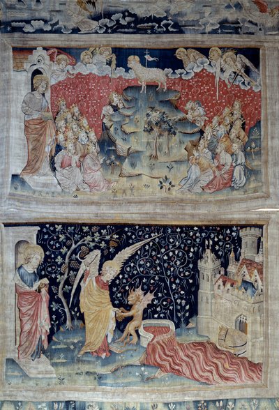 Ophængning af åbenbaring (1373-1383), n. 47: Lammet på Zions Bjerg. Nedenfor, n. 55, englen optager jordens vinstok, som hældes i Guds vredes store kar, karret flyder over, og blodet forvandles. Tapestry af Nicolas Bataille (1330-1405) af Nicolas Bataille