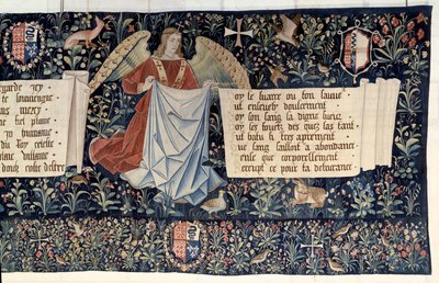 Ophængning af åbenbaringen (1373-1383), engle, der bærer lidenskabens instrumenter. Tapestry af Nicolas Bataille (1330-1405) af Nicolas Bataille