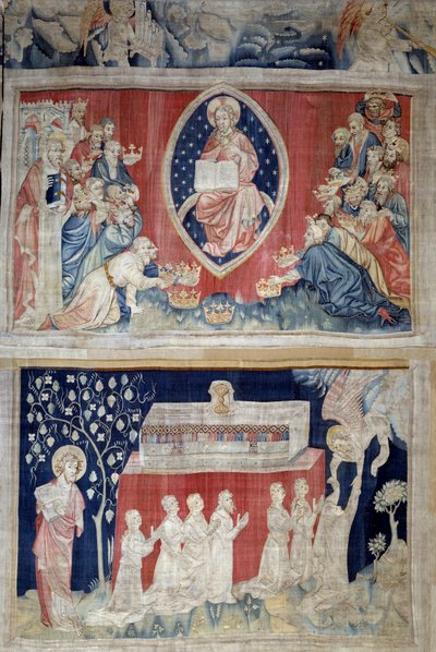 Åbenbaringens gardin (1373-1383), n. 5: de ældre lægger sig ned for Kristus i majestæt (Jesus Kristus i herlighed er repræsenteret inde i en mandorla). N. 11: martyrernes sjæle. Tapestry af Nicolas Bataille (1330-1405) af Nicolas Bataille