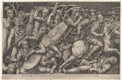 Romerske soldater kæmper mod daciere, kampscene i lav dybde med heste og hor..., 1553. af Nicolas Beatrizet