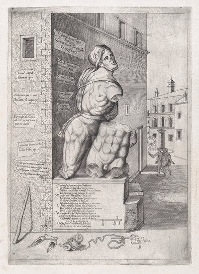 Mirror of Roman Magnificence: Statue af Pasquin i kardinal Ursinos hus..., 1500-tallet. af Nicolas Beatrizet