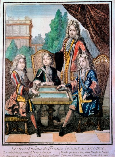 Børnebørnene af Ludvig XIV (1638-1715), Ludvig hertug af Bourgogne (d. 1712), Philippe, hertug af Anjou (1683-1746), og Charles, hertug af Berry med deres far, Ludvig (d. 1711), delfin af Frankrig, spiller tric trac (Trictrac eller Trictrac: forfader til b af Nicolas Bonnart