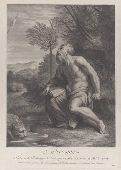 Sankt Hieronymus sidder ved et træ og kigger op på et krucifiks, en løve drikker vand fra en bane..., 1728 af Nicolas Chateau
