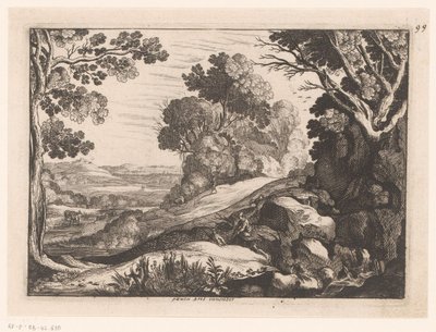 Bakket landskab med to gedehyrder Idealiserede landskaber (serietitel) af Nicolas Cochin (attributed to)