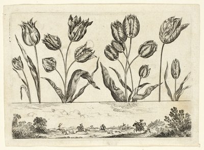 Blomster og jagtscene, fra Livre Nouveau de Fleurs... af Nicolas Cochin