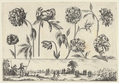 Vandret panel med en række blomster over en frise med figurer i et landskab, fra Li..., 1645. af Nicolas Cochin