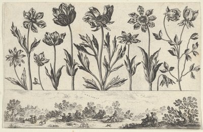 Vandret panel med en række blomster over en frise med figurer i et landskab, fra Li..., 1645. af Nicolas Cochin
