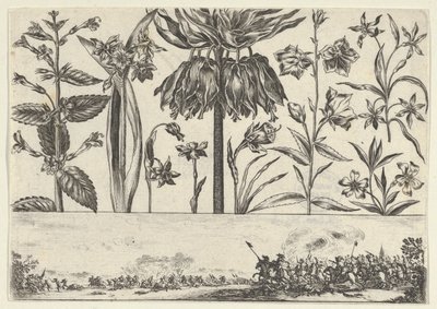 Vandret panel med en række blomster over en frise med en kampscene i et landskab, ..., 1645. af Nicolas Cochin