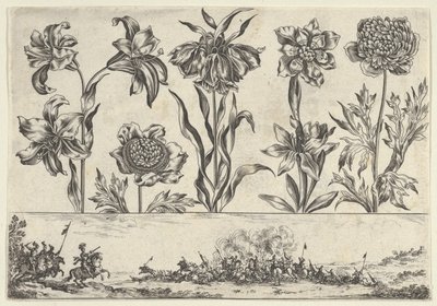 Vandret panel med en række blomster over en frise med en kampscene i et landskab, ..., 1645. af Nicolas Cochin