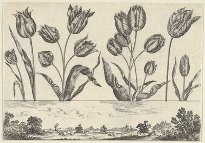Vandret panel med en række blomster over en frise med en jagtscene i et landskab,..., 1645. af Nicolas Cochin