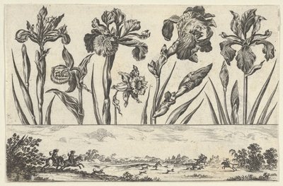 Vandret panel med en række blomster over en frise med en jagtscene i et landskab,..., 1645. af Nicolas Cochin