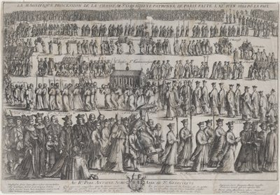 Processionen af St. Genevieves kiste, med gejstlige og lægmænd, der marcherer i seks rækker..., 1652. af Nicolas Cochin