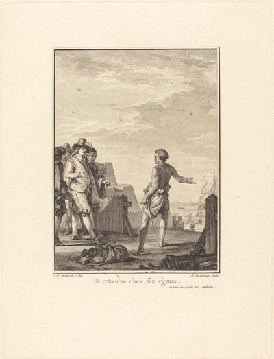 Tale om lige vilkår: Han vender tilbage til sine ligemænd af Nicolas Delaunay after Jean Michel Moreau