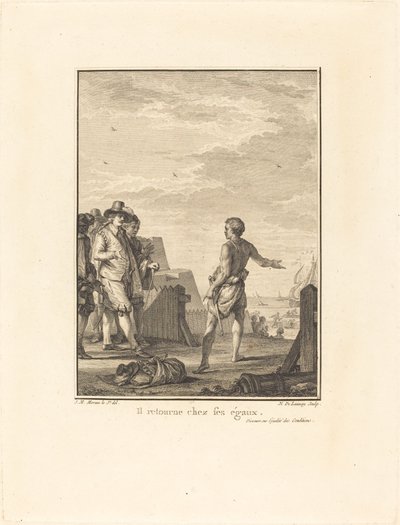 Tale om lige vilkår: Han vender tilbage til sine ligemænd af Nicolas Delaunay after Jean Michel Moreau