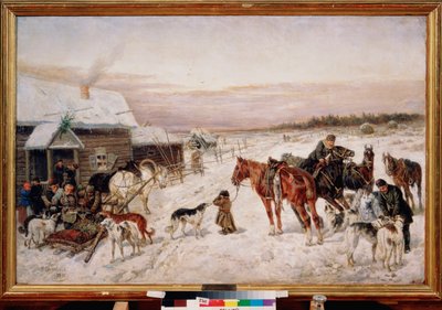 Før en pub om vinteren - Maleri af Nikolai Yegorovich Sverchkov (Nicolas Swertschkoff) (1817-1898), olie på lærred af Nicolas Gregorovitch Svertschkoff