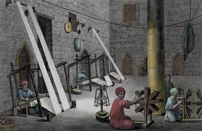Interiør af et væverværksted, fra bind II Arts and Trades af 