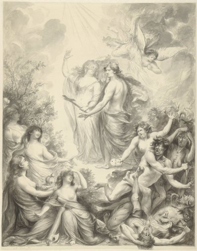 Allegori, hvor Faith viser en mand den rigtige vej af Nicolas Joseph Delin