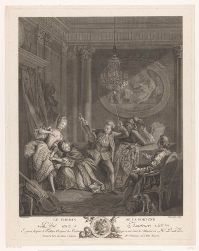 En violinist og to unge kvinder i et interiør, en siddende mand ser på Le Chemin de la Fortune (titel på objekt) af Nicolas Joseph Voyez