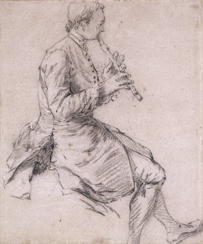 En siddende mand, der spiller fløjte, i profil til højre, ca. 1720