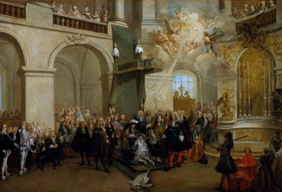 Overdragelse af Helligåndsordenen i kapellet i Versailles, 3. juni 1724 (olie på lærred) af Nicolas Lancret